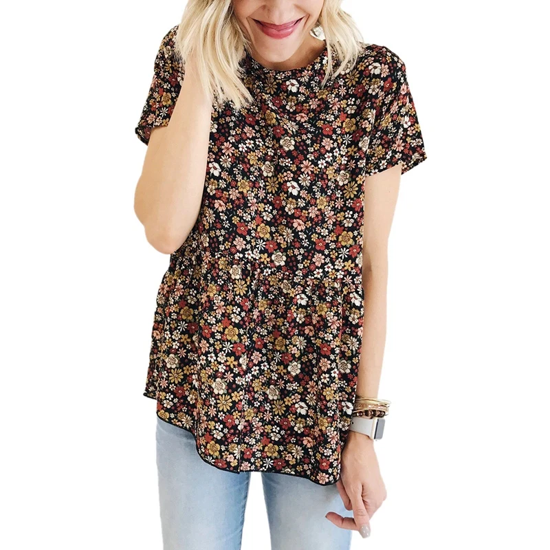 Летняя женская блузка с коротким рукавом и цветочным принтом, топ с круглым вырезом, модная повседневная свободная Лоскутная футболка с оборками - Цвет: Black
