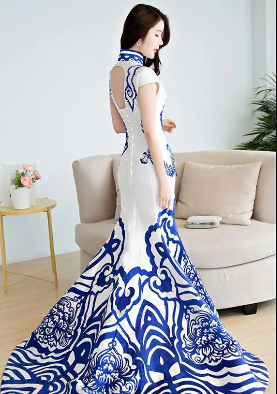 Китайский стиль свадебное длинное Cheongsam ретро сексуальное тонкое вечернее платье вечерние платья свадебное платье Qipao модная Дамская одежда Vestidos синий
