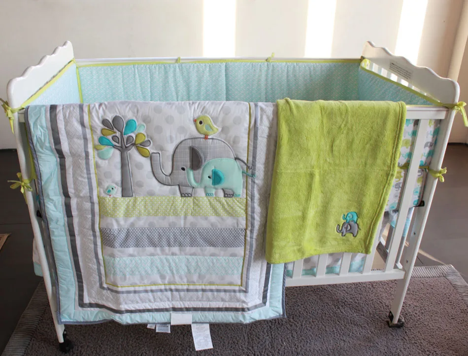 8 pieces baby bedding set embroidery 3d elephant bird baby crib green crib sheets