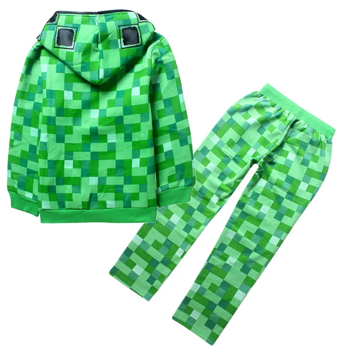

2018 100% pure cotton spring and autumn zipper lounge suit long sleeved T-shirt trousers suit with cap collar Minecraft cartoon