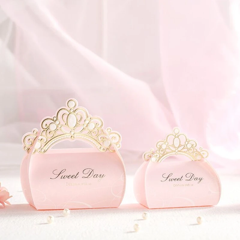 

20 pcs/lot Gold Foil Crown Shiny Pink Candy Box christmas box Wedding Decorations baptism favors Birthday Party Favors Gift Box