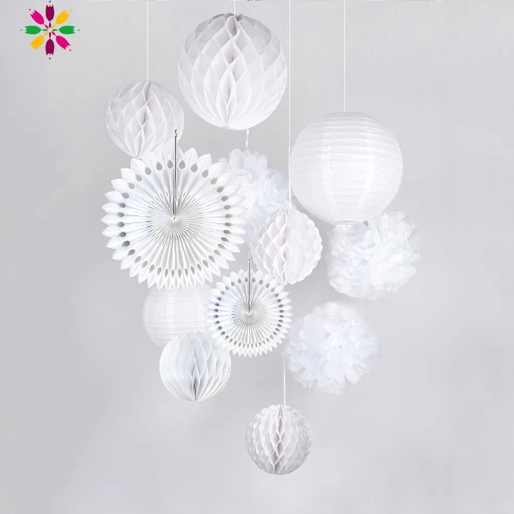 

12pcs White Wedding Decoration Set Honeycomb Balls Paper Fans Lanterns Pom Pom Flower Home Decorfor Events Wedding Decorate