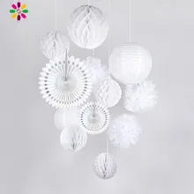 Elegant White Wedding Decoration Set 12pcs Honeycomb Balls Paper Fans Lanterns  Pom Pom Flower for Events Wedding Decorate