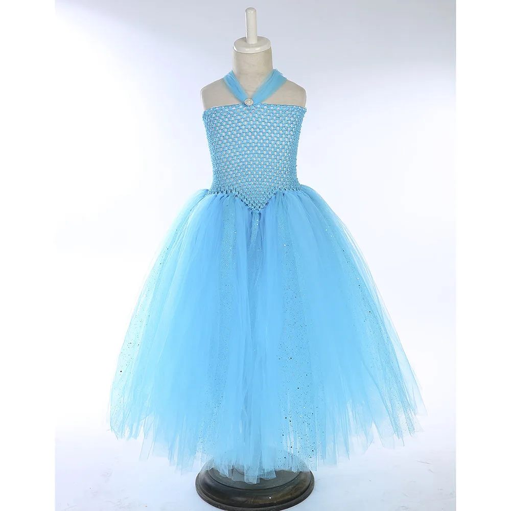 Sparkle Tulle Tutu Princess Cinderella Blue Dress Elegant Sleeveless Froze Elsa Cosplay Birthday Dress Vestido Baby Kids Clothes (7)
