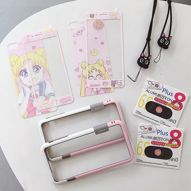 Goede 2 stks voor iPhone X shockproof bumper, bling sailor moon back en front Gehard Glas Screen film voor iPhone 8 7 6 6 s plus + strap