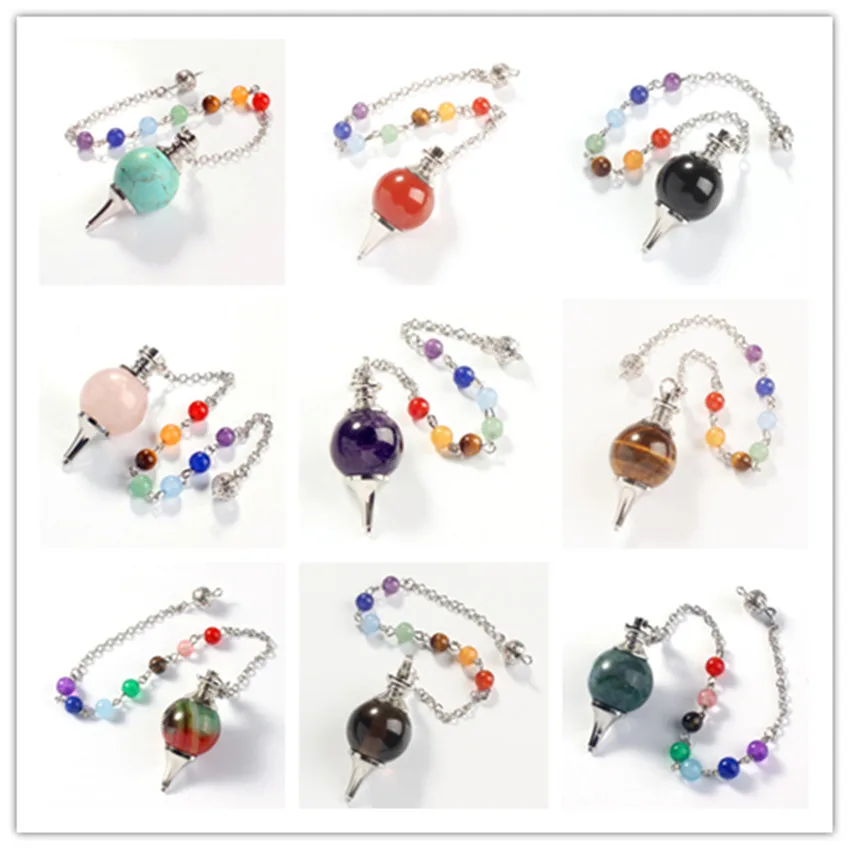 

100-Unique 1 Pcs Silver Plated Many Color Quartz with Stone Beads Chain Dowsing Pendulum Pendant Chakra Jewelry