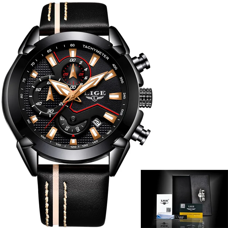 All black Reloje LIGE Брендовые мужские Аналоговые кварцевые часы с хронографом и датой, светящиеся стрелки, водонепроницаемые мужские наручные часы с кожаным ремешком - Цвет: All black