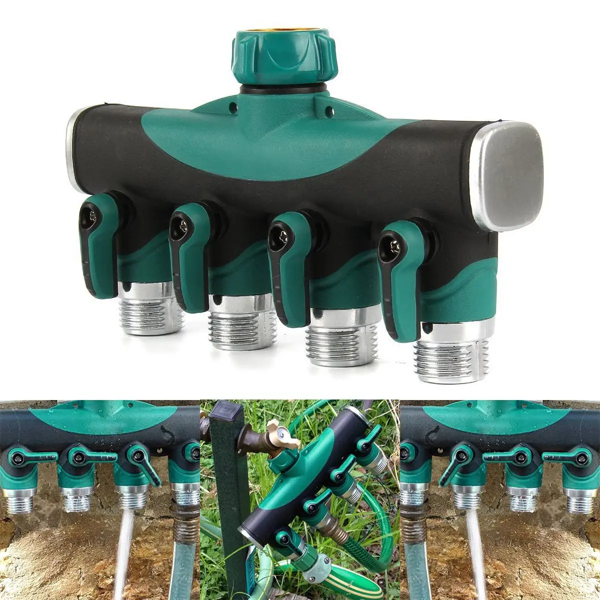 JX-LCLYL 4-Way Water Tap to Hose Connector Heavy Duty Garden Water Hose Splitter Green