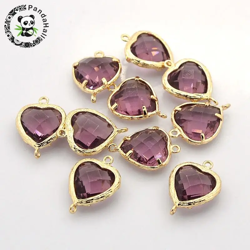 

Golden Tone Brass Glass Links, 1/1Loop, Heart, Plum, 19x14x6mm, Hole: 1mm