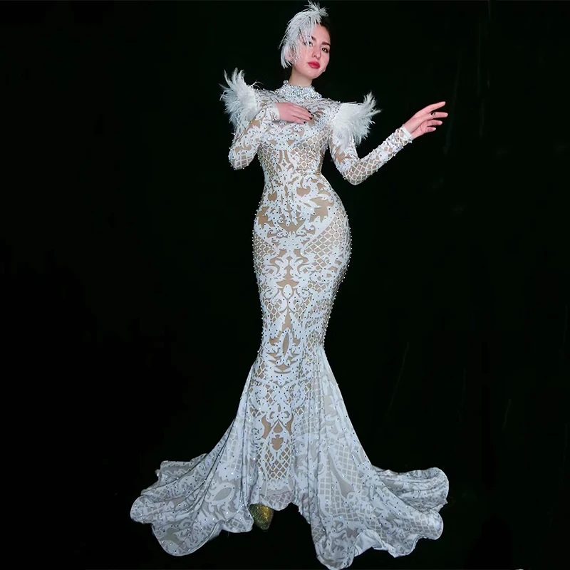  White Jazz Dance Costume Sexy Stage Dress For Singers Women Rhinestone Dj Gogo Performance Clothing