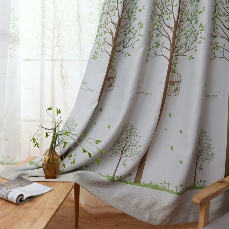 Window Curtain Soft Tree Theme American Rustic Style Birds Printed
