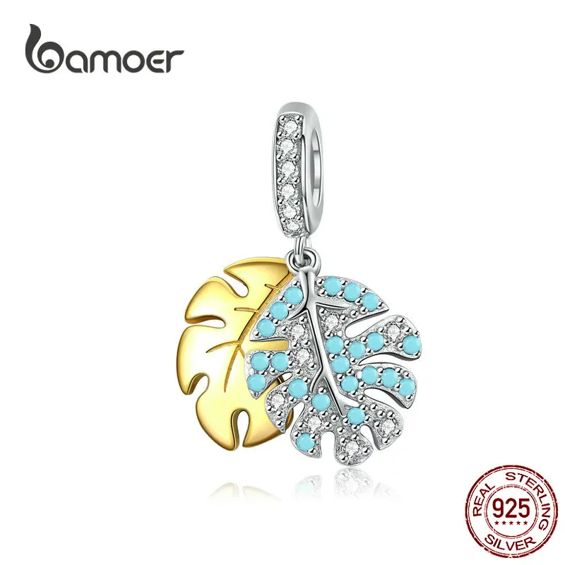 

bamoer Summer Monstera Leaf Pendant Charm for Original Silver Snake Bracelet Gold Color 925 Sterling Silver Fine Jewelry SCC1242