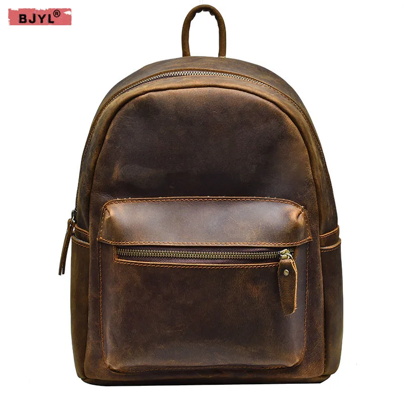 

BJYL Crazy horse leather men and women Backpacks Genuine leather shoulder bag handmade retro wind layer leather travel backpacks