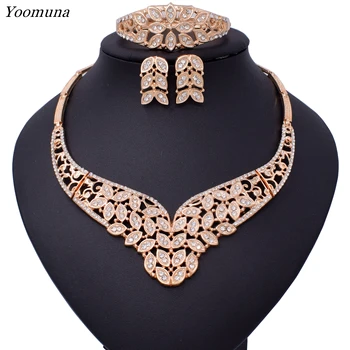 

2019 New Nigeria Luxury Popular Wedding Flower Jewelry Set Dubai Golden Bead Necklace Sets for women