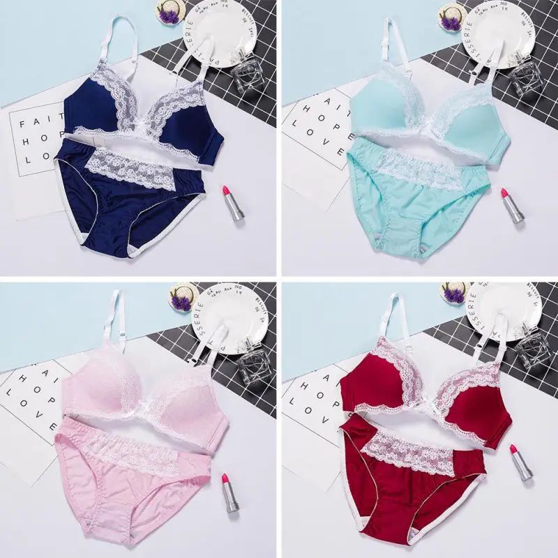 Sexy Women Back Closure Padded Bra Sets B Cup Lace Gauze Patchwork Wireless Bras+Paties Suits Multi-Color