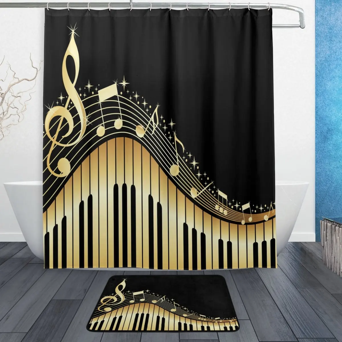 

CHARMHOME Music Note with Piano Waterproof Polyester Fabric Shower Curtain with Hooks Doormat Bath Floor Mat Bathroom Home Decor