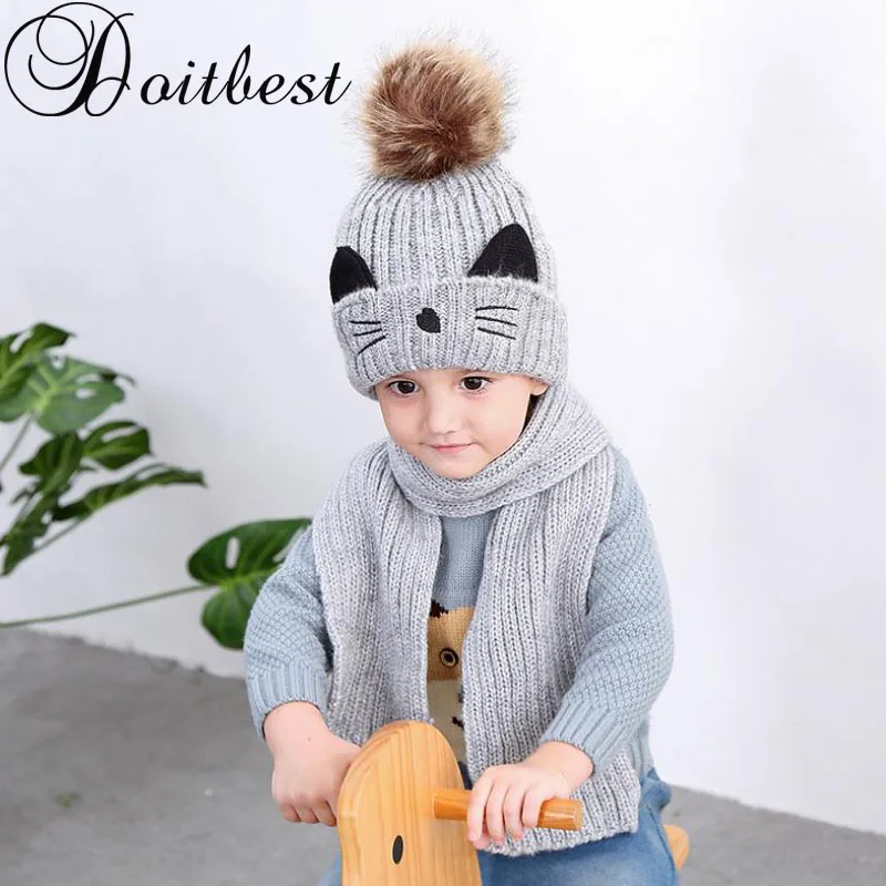 Cartoon cat hairball beanies sets velvet wool kids Child Knitted fur hats winter fur inside 2 pcs baby girl scarf hat set