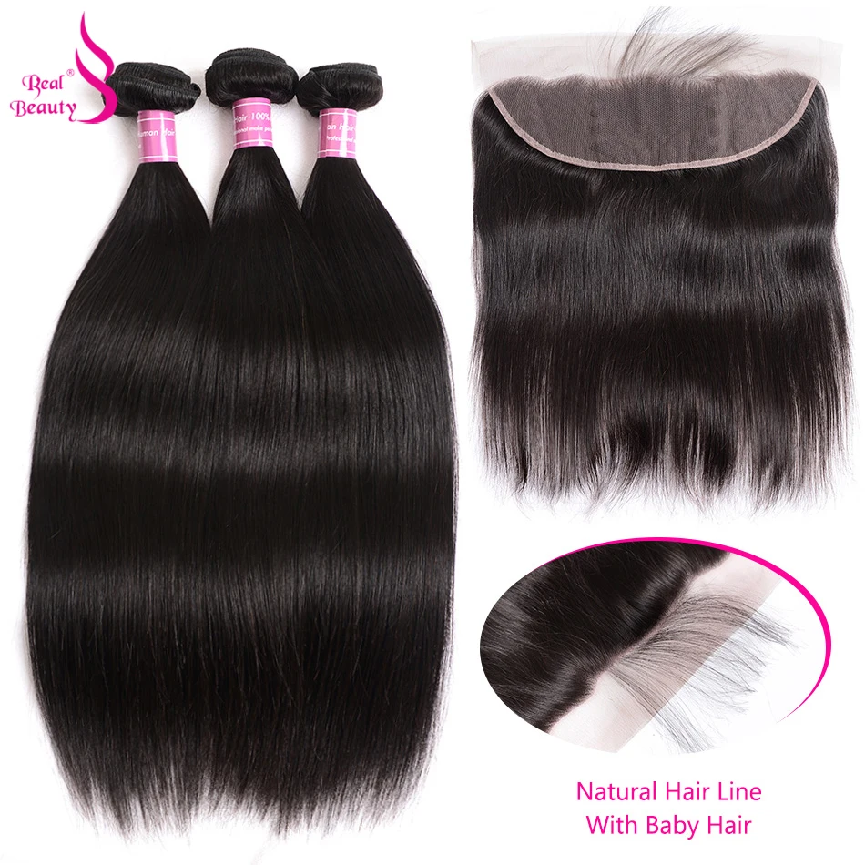 real beauty brazilian straight hair bundles with 13X4 lace frontal 3 bundles non-remy human hair with ear to ear closure (2)
