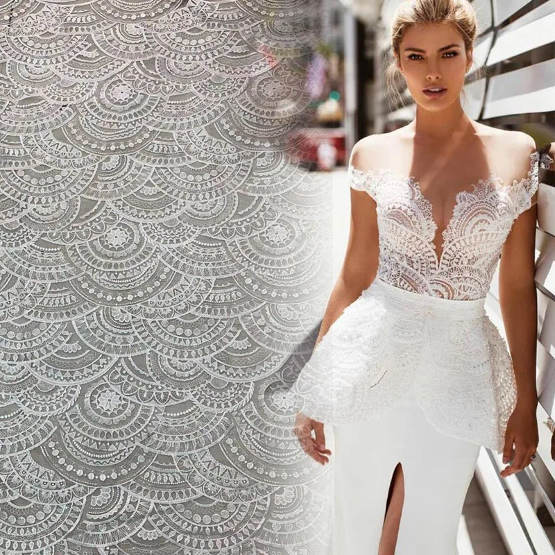 

New Style Goregous off white sequins geometry pattern fabric African French Tulle Embroidery Wedding dress Lace fabric