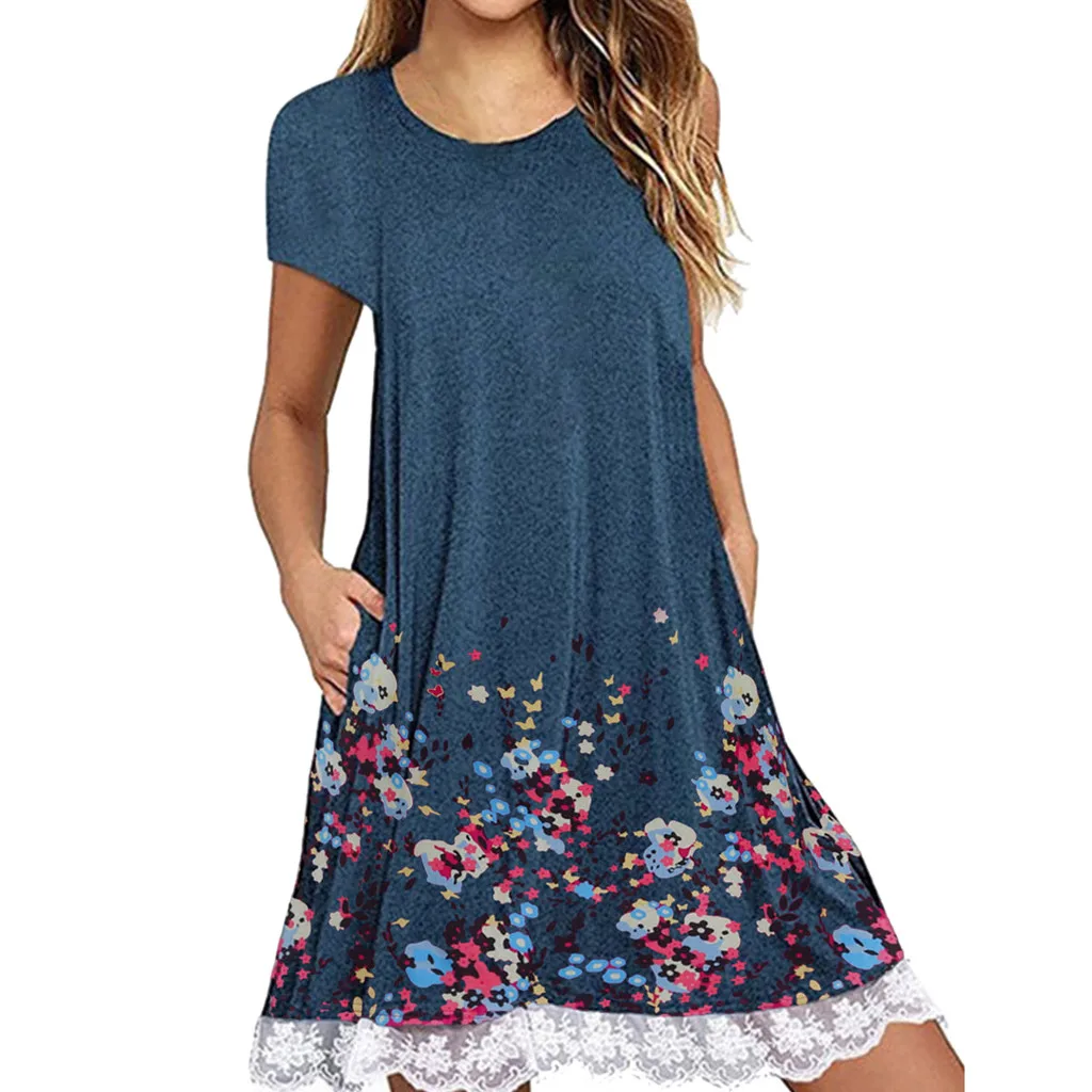 

New Summer Women Print Dress Ladies Casual Floral Printed Loose Boho Style Dresses With Pockets Mini Dress Vestidos Verano *1