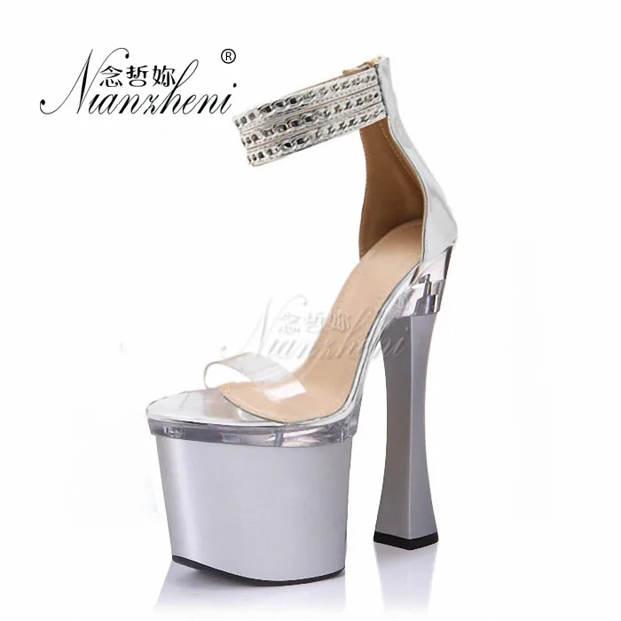 

HOT All-match fashion Rivet Clear thick heel sandals 18cm show spool heels high-heeled shoes 8 Inch Stiletto Platform shoes