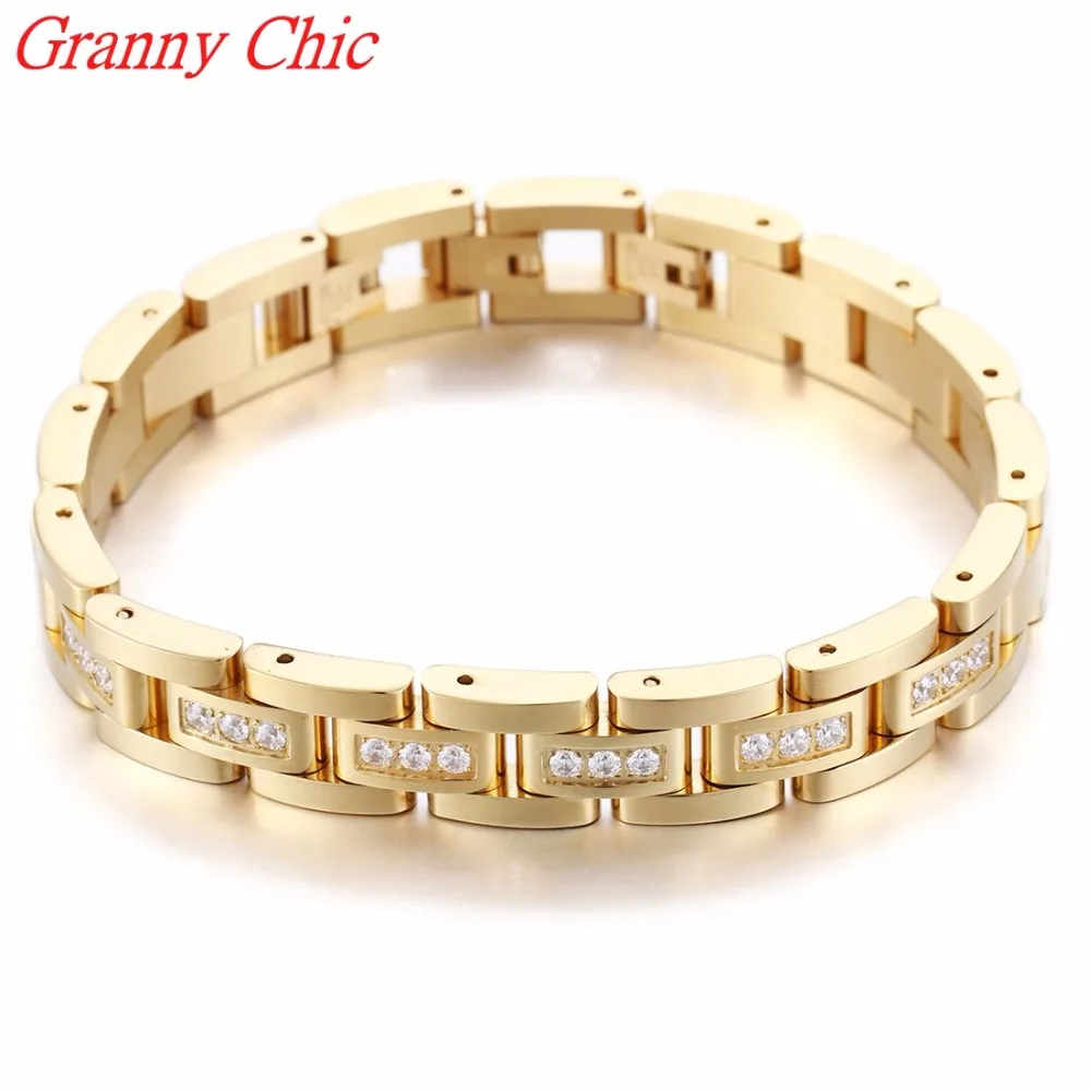 

Granny Chic 7.87"*12mm Punk trend cool men's Womens Jewelry stainless steel bracelet handmade Gold Color bracelet With Crystal