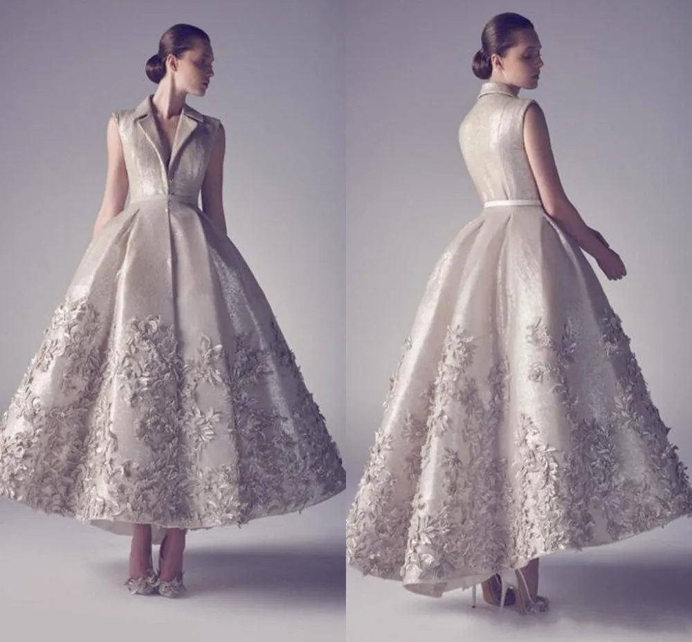 Ashi Studio 2015 Fall Short Evening Dresses A Line V Neck Ankle Length Sleeveless Satin Appliques Luxury Formal Dress Arabic Muslin Gowns_conew1