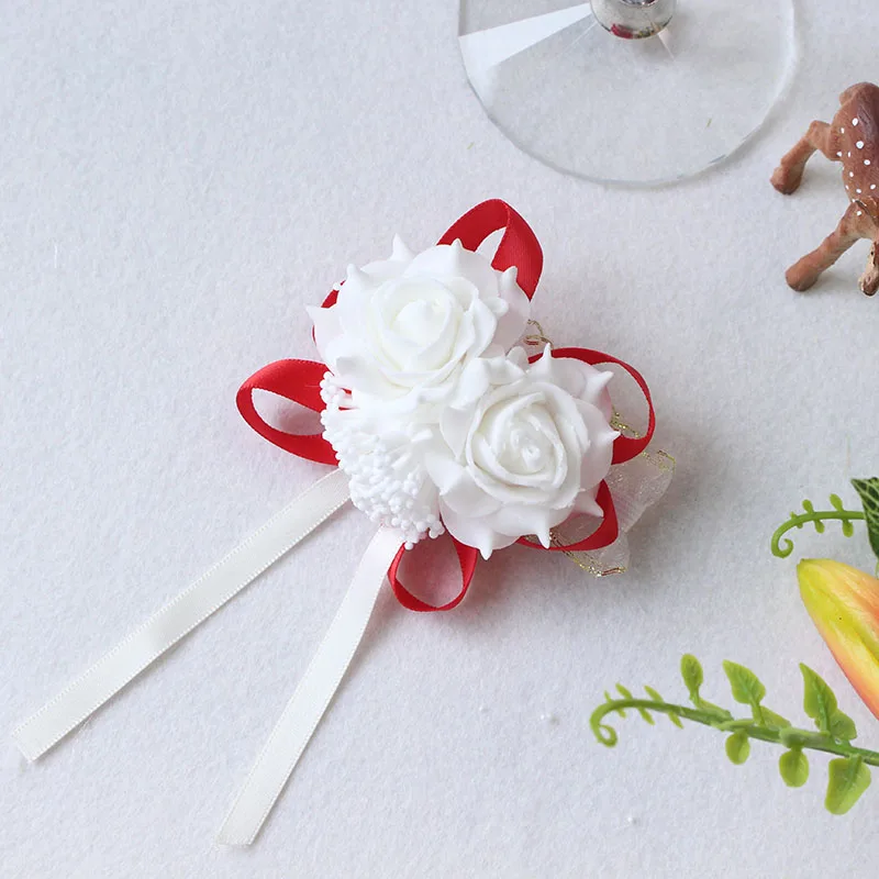 White Pink Red Wedding Rose Wrist Flowers Hand Corsage Boutonniere Pins (65)