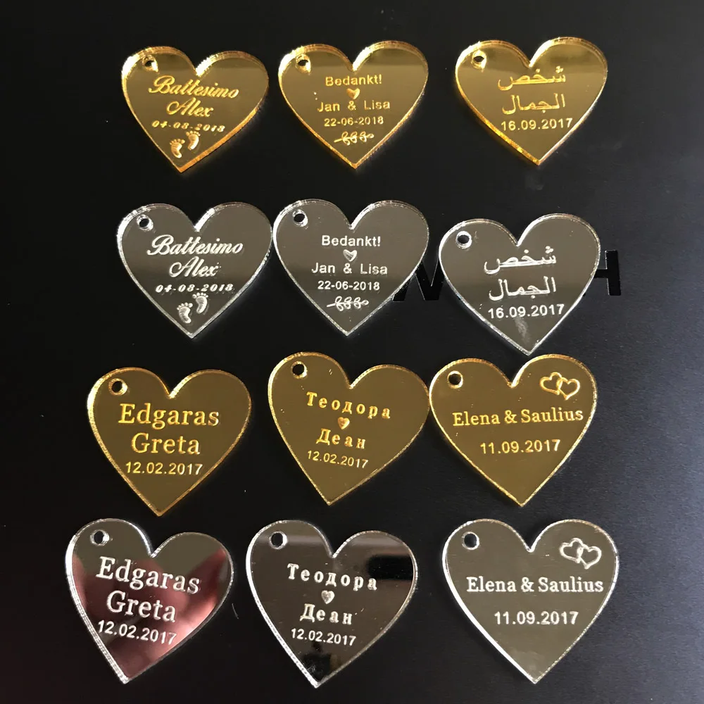 Personalized Engraved Name Card Mirror MR & MRS Surname Love Heart Wedding Table Decoration Favors Souvenirs Tags Event Party Centerpiece (3)