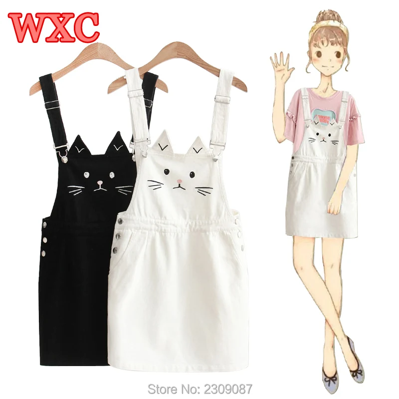 

Summer Suspender Dress Harajuku Cute Cat Embroidery Strap Jeans Dresses For Women Preppy Style Sundress Denim Overall Dress WXC