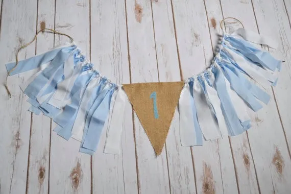 Hot Pastel Blue 1st Birthday Party Banner Decor Rag Tie Tassel bunting Baby Shower Garland 1 one Flag Hight chair Bunting |
