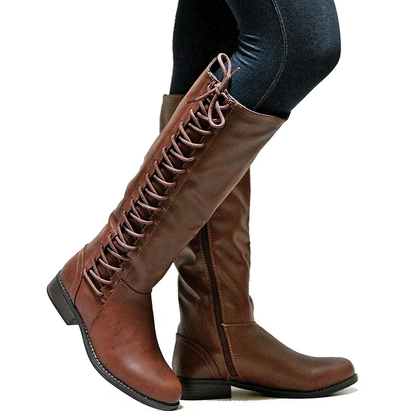 Женские высокие сапоги до колена обувь в стиле панк из искусственной кожи на низком каблуке женские зимние пикантные сапоги для верховой езды с перекрестной шнуровкой размера плюс zapatos de mujer