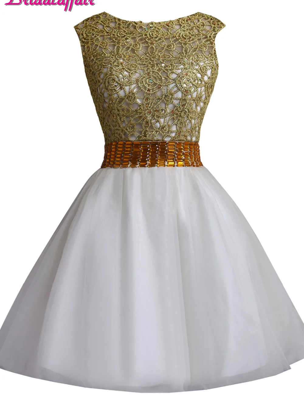 

KapokBanyan Real Photo Yellow Beads White Tulle Short Prom Dresses 2017 with Crystal Sashes Luxury Party Dress Vestido de festa