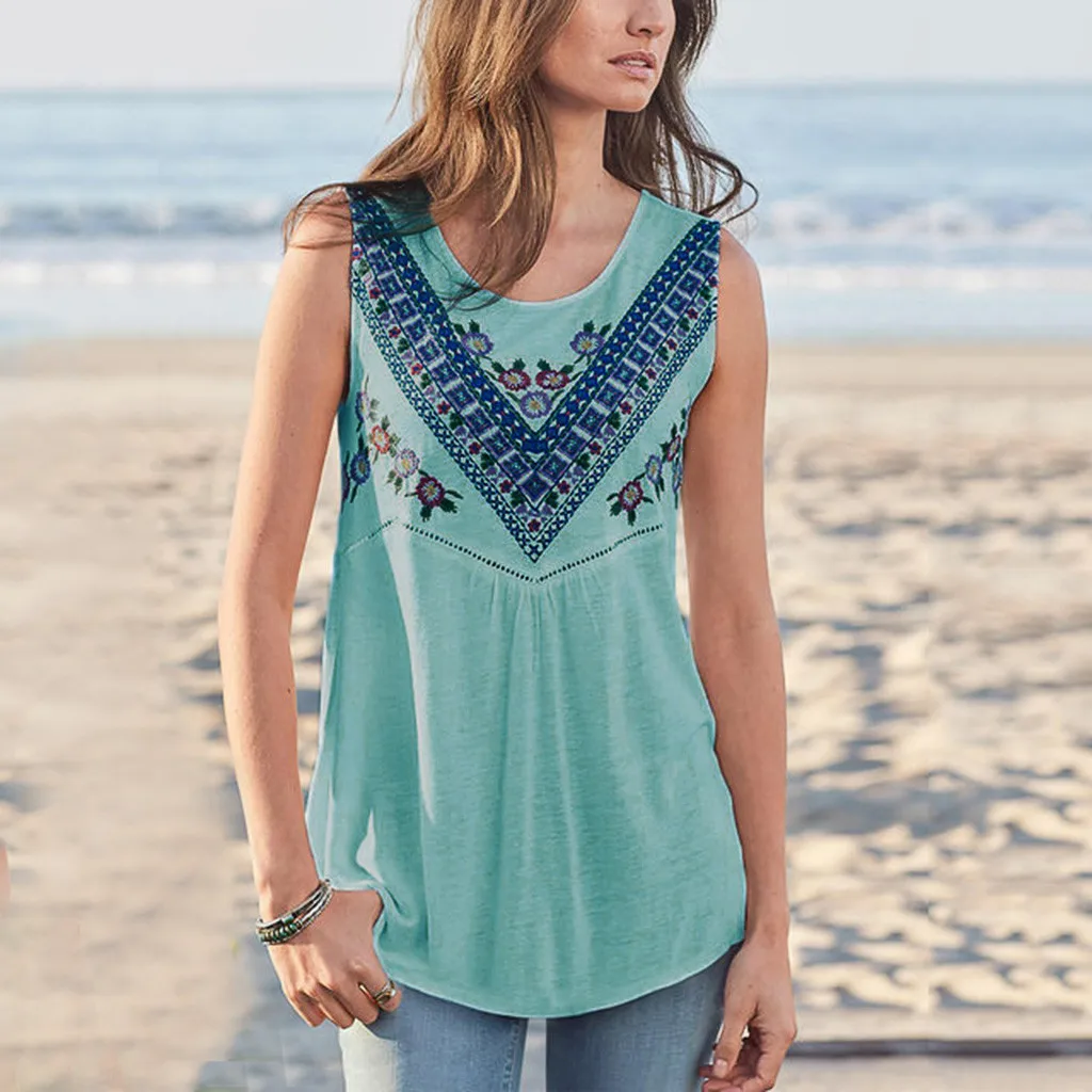 

Blouse Women's Summer Fashion Casual O-Neck Printed Hollow Out Vest Tops Blusas De Mujer Verano Womens Tops And Blouses