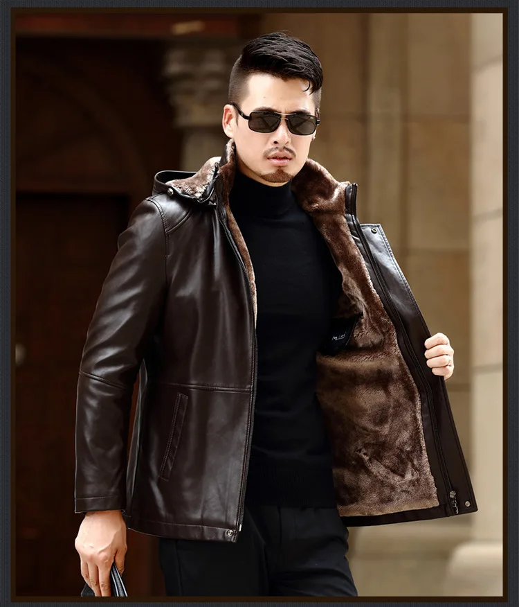 Мужские меховые кожаные куртки, зимние пальто с капюшоном, утолщенная теплая верхняя одежда, пальто, зимние топы, ветровка, водонепроницаемая, M-4XL