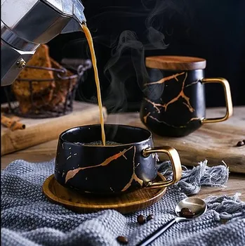 

Nordic Style1 set Coffee Cup Saucer Set Marbled Matte Gold Series Japanese Black and White Ceramic Coffee Cup Mug With Wooden