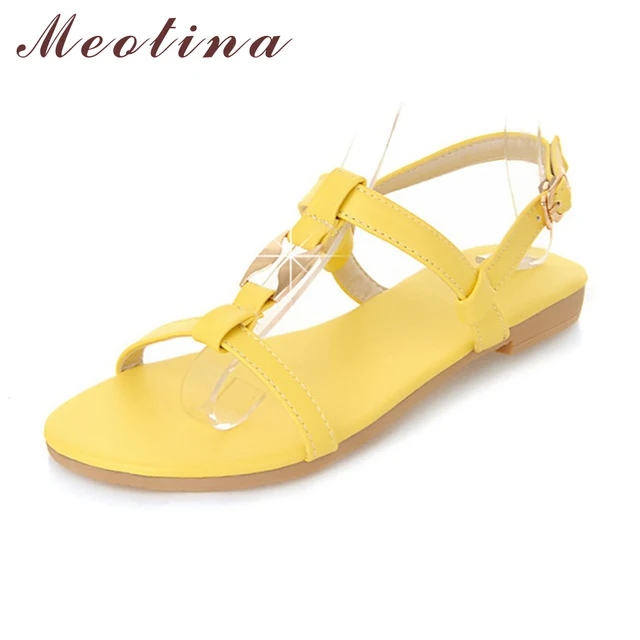 Meotina Shoes Women Sandals Summer Ankle Strap Beach Flats Ladies Sequined Yellow Green Beige Yellow Flat Shoes Small Size 34-39