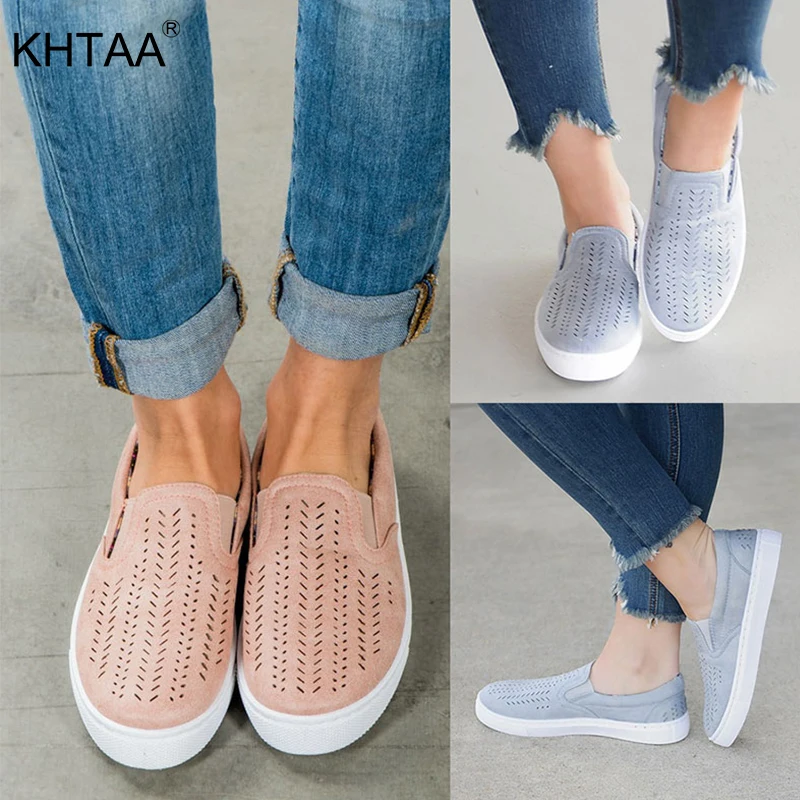 

KHTAA Women Cut-outs Elastic Band Winter Vulcanized Shoes Female Flock Slip-on Shallow Breath Flat Casual Shoes Ladies Plus Size