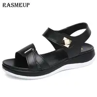 RASMEUP ของแท้หนังผู้หญิงรองเท้าแตะ 2018 ฤดูร้อนผู้หญิงรองเท้าส้นสูงสีขาวผู้หญิงชายหาดรองเท้าแตะ Gladiator Roma รองเท้า