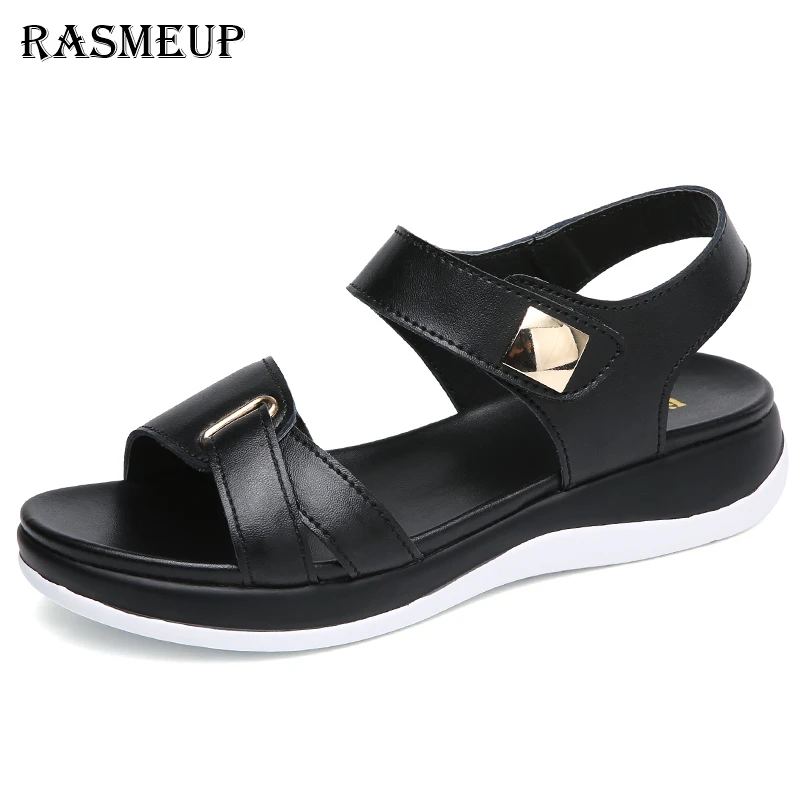 

RASMEUP Genuine Leather Women's Sandals 2018 Summer Women Low Heels White Women Beach Sandals Ladies Gladiator Roma Shoes