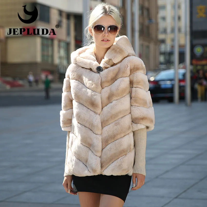

JEPLUDA Hot Sale Women Natural Real Rex Rabbit Fur Coat Removable Sleeves With Hood Real Fur Coat New Fashion Women Fur Jacket