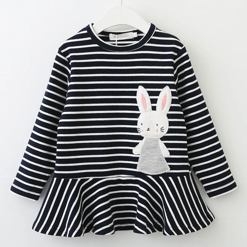 Bear leader/платье для девочек; Новинка г.; Весенняя брендовая одежда для девочек с длинными рукавами и рисунком кролика; кружевная одежда в полоску для девочек; одежда для детей - Цвет: Black AZ1019