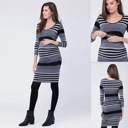 Новый лактации материнства платья для беременных женщин одежда с круглым вырезом облегающая полосатая платье для беременных кормящих