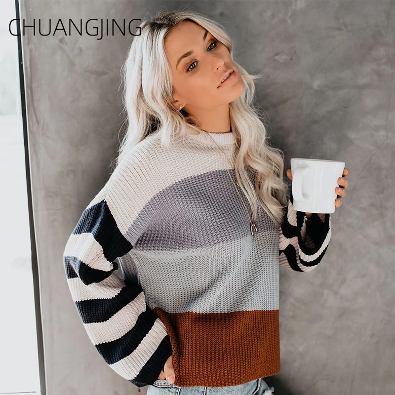 Fashion Autumn Winter Knitted Sweater Women New O-neck Striped Long Sleeve Plus Size Pullover Sweater Ladies Casual Sweater