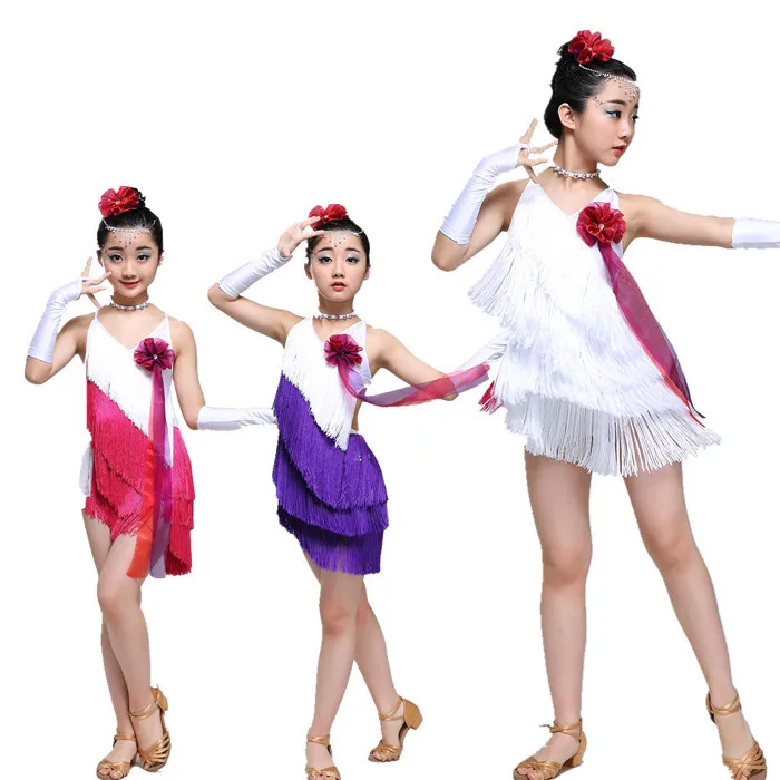 

Sequin tassel latin dance dress for girl salsa kids dresses competition spandex children samba tango salsa skirt Fringe ballroom