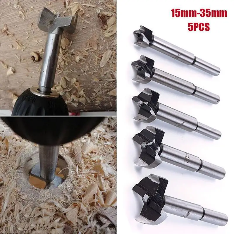 5 Pcs/set Auger Drill Forstner Bit Set Hinge Boring Woodworking Hole Saw Cutter Round Shank Wood Tools for Drilling Machine