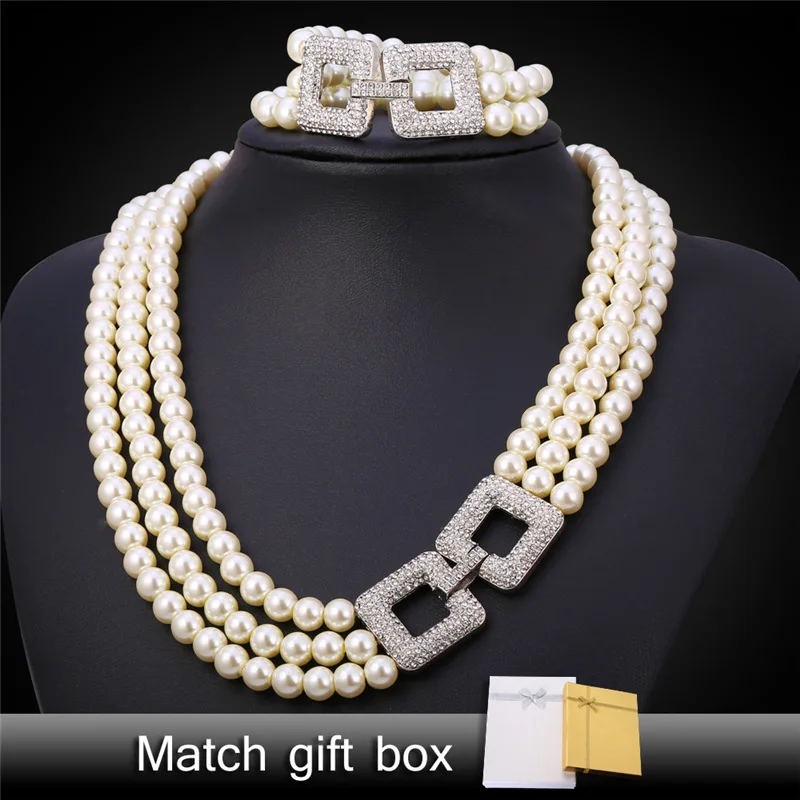 Pearl Jewelry Bracelet And Necklace Sets Rhinestone 3 Layers Luxury