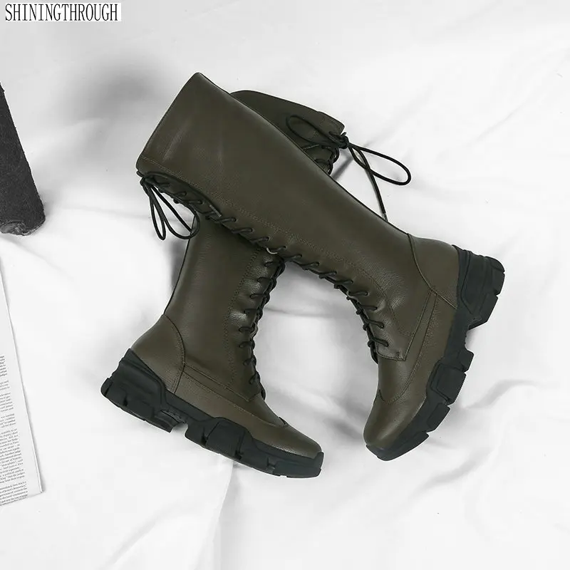 

2019 genuine Leather Womens knee high boots med Heel Lace Up motorcycle Boots Round Toe Female Comfortable Winter Shoes woman