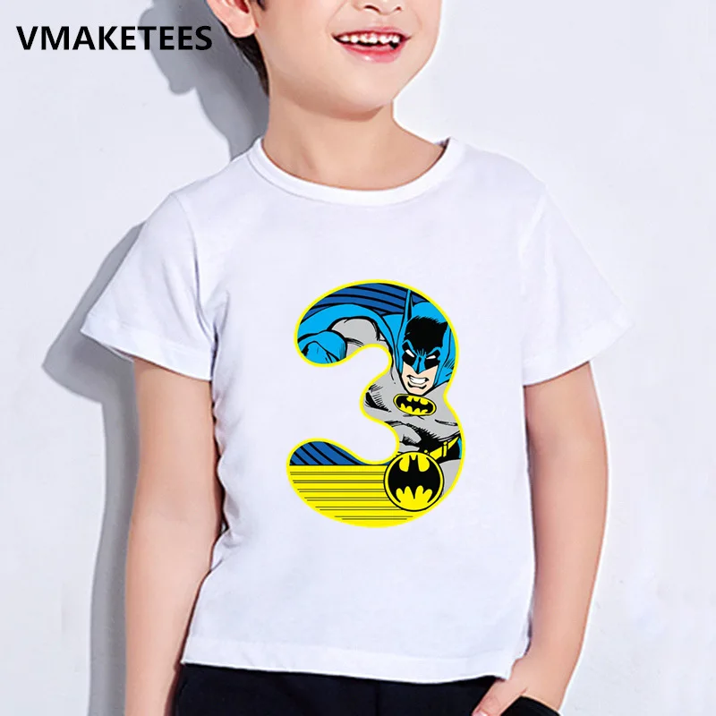 Забавная летняя футболка для мальчиков и девочек, детская футболка с принтом Супермена/Бэтмена, номер 1-9, детская одежда на день рождения, HKP2428