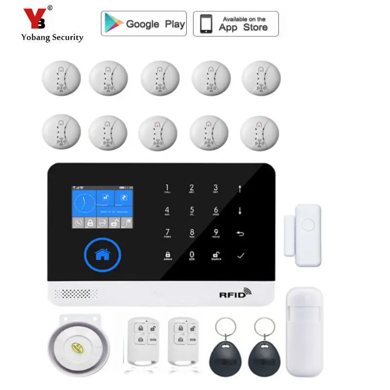 

YoBang Security Wireless SIM GSM Home RFID Burglar Security Touch Keyboard WIFI GSM Alarm System Wireless Smoke Alarm